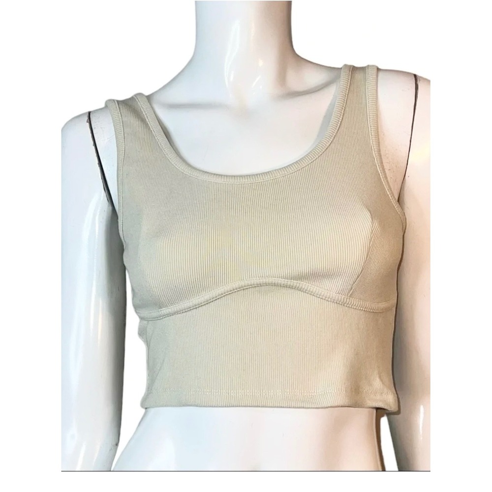 Signature 8 Womens Ribbed Knit Crop Top Beige Tan Bust Seam Tank Medium